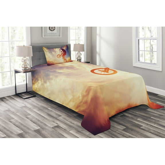 Ambesonne Modern Quilted Bedspread Set 2 Pcs, Man on Bike Sun, Twin Size, Multicolor