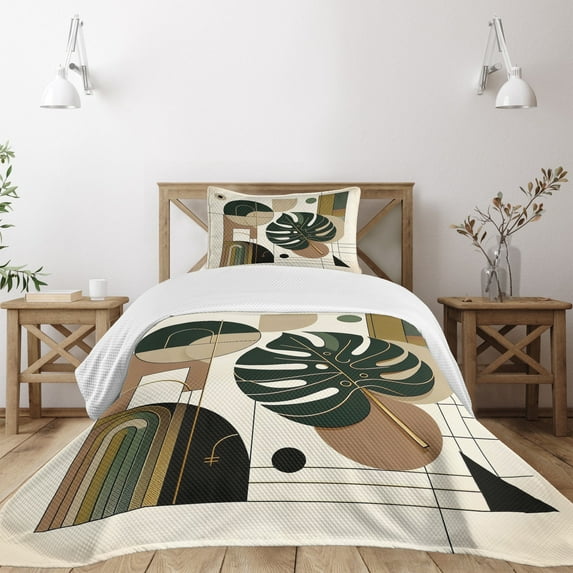 Ambesonne Modern Quilted Bedspread Set 2 Pcs, Monstera Leaf Mid Century, Twin Size, Beige Dark Green Caramel