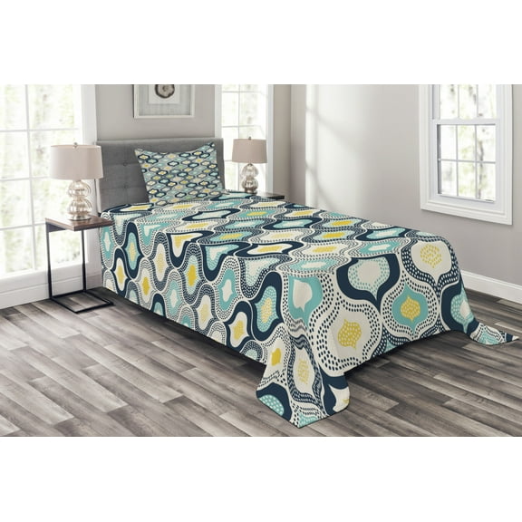 Ambesonne Modern Quilted Bedspread Set 2 Pcs, Morrocan Style Dots Art, Twin Size, Blue and White