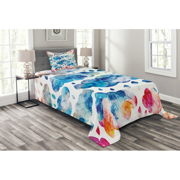Ambesonne Modern Quilted Bedspread Set 2 Pcs, Rainy Clouds and Raindrops, Twin Size, Blue Pink Orange