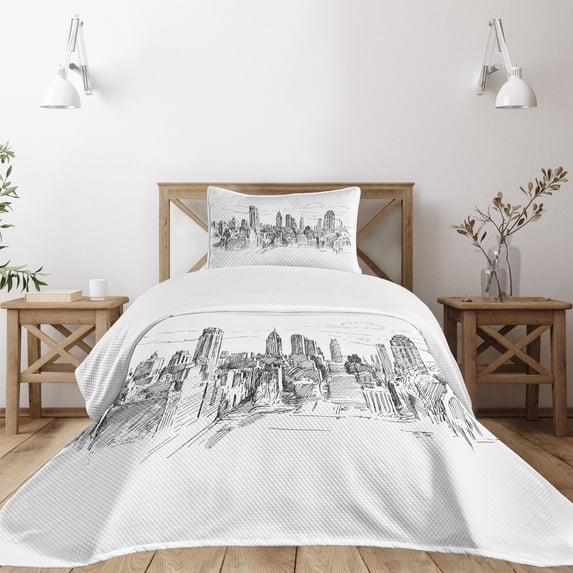 Ambesonne Modern Quilted Bedspread Set 2 Pcs, Sketchy NYC Cityscape, Twin Size, Grey White
