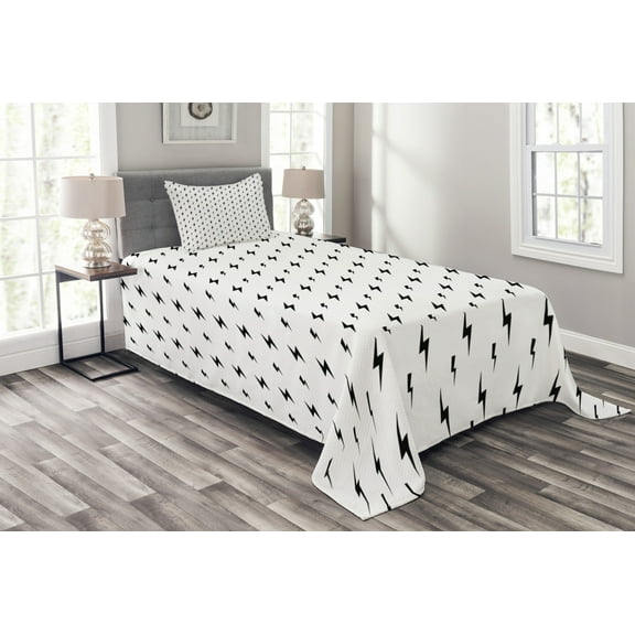 Ambesonne Modern Quilted Bedspread Set 2 Pcs, Thunderbolt Zig Zag, Twin Size, Black White