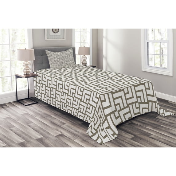Ambesonne Modern Quilted Bedspread Set 2 Pcs, Vintage Maze Lines, Twin Size, Sage Green and White