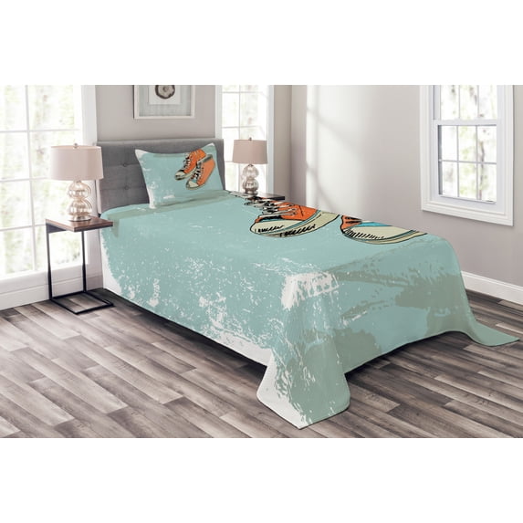 Ambesonne Modern Quilted Bedspread Set 2 Pcs, Vintage Punk Sport Shoes, Twin Size, Orange Pale Blue