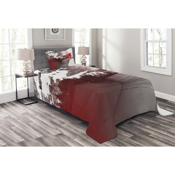 Ambesonne Modern Quilted Bedspread Set 2 Pcs, Woman Mountain Portrait, Twin Size, Dimgrey Ruby White