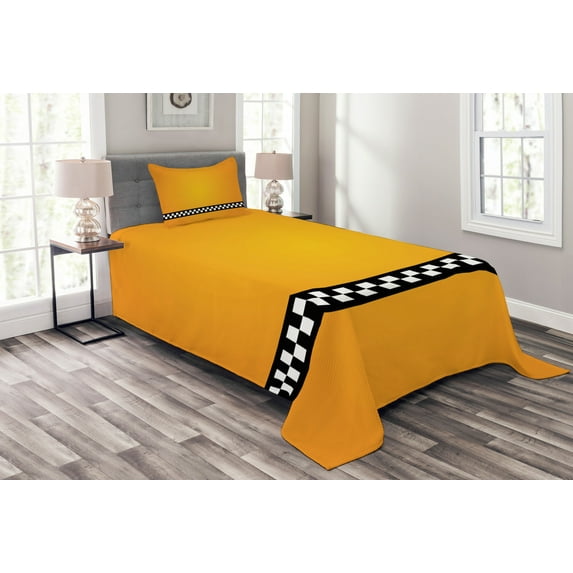 Ambesonne Modern Quilted Bedspread Set 2 Pcs, Yellow Cab Artdeco, Twin Size, Orange White and Black