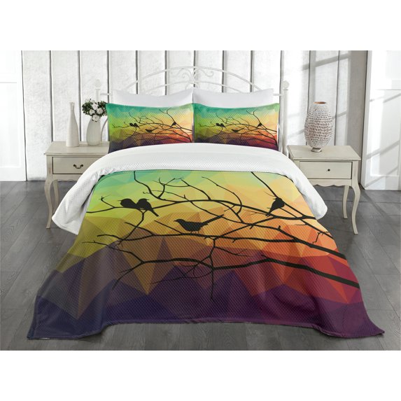 Ambesonne Modern Quilted Bedspread Set 3 Pcs, Abstract Bird and Branch, Queen Size, Multicolor