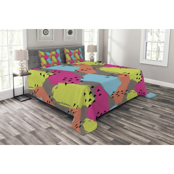 Ambesonne Modern Quilted Bedspread Set 3 Pcs, Abstract Colors Triangle, Queen Size, Multicolor