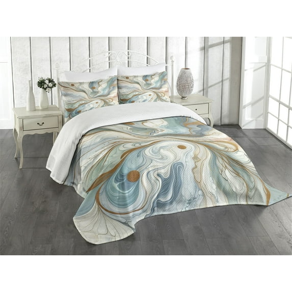 Ambesonne Modern Quilted Bedspread Set 3 Pcs, Abtract Marble Print Groovy, Queen Size, Pale Caramel Seafoam