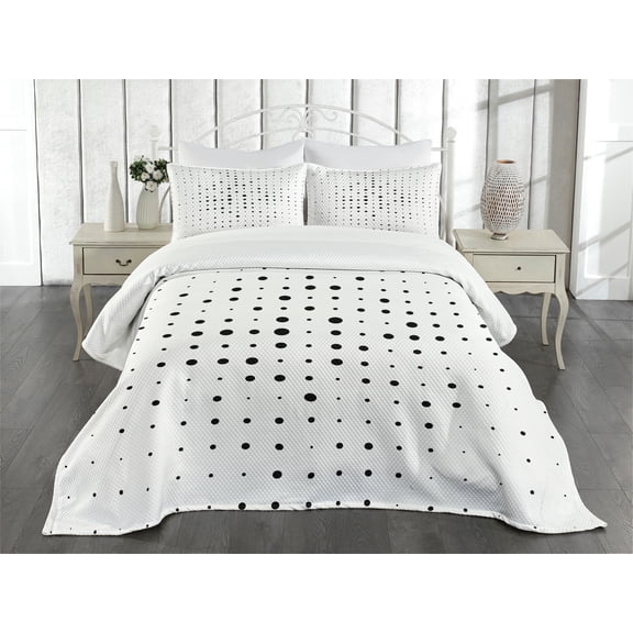 Ambesonne Modern Quilted Bedspread Set 3 Pcs, Big Little Pop Art Dots, Queen Size, Black White
