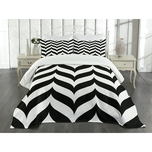 Ambesonne Modern Quilted Bedspread Set 3 Pcs, Chevron Retro, Queen Size, Black White