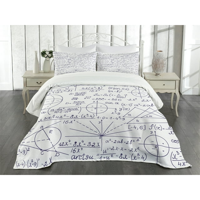 Ambesonne Modern Quilted Bedspread Set 3 Pcs, Classic Math Pattern Numbers, Queen Size, Dark Purple and White