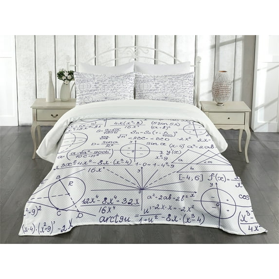 Ambesonne Modern Quilted Bedspread Set 3 Pcs, Classic Math Pattern Numbers, Queen Size, Dark Purple and White