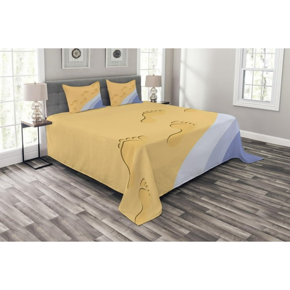 Ambesonne Modern Quilted Bedspread Set 3 Pcs, Footprints Sand Seaside, Queen Size, Pale Blue Apricot