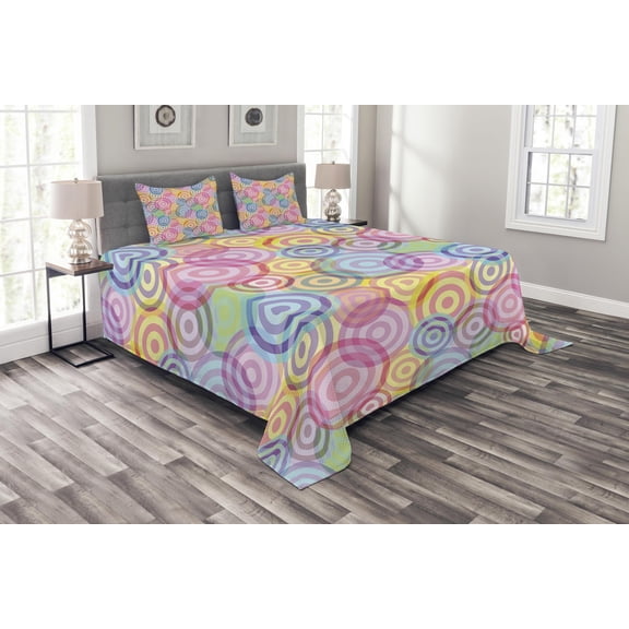 Ambesonne Modern Quilted Bedspread Set 3 Pcs, Geometric Circles Rounds, Queen Size, Multicolor