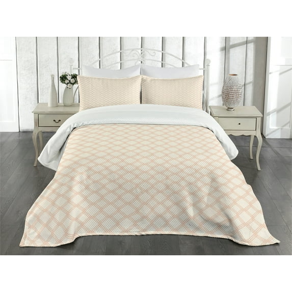 Ambesonne Modern Quilted Bedspread Set 3 Pcs, Geometric Hexagon Stripe, Queen Size, Peach Cream