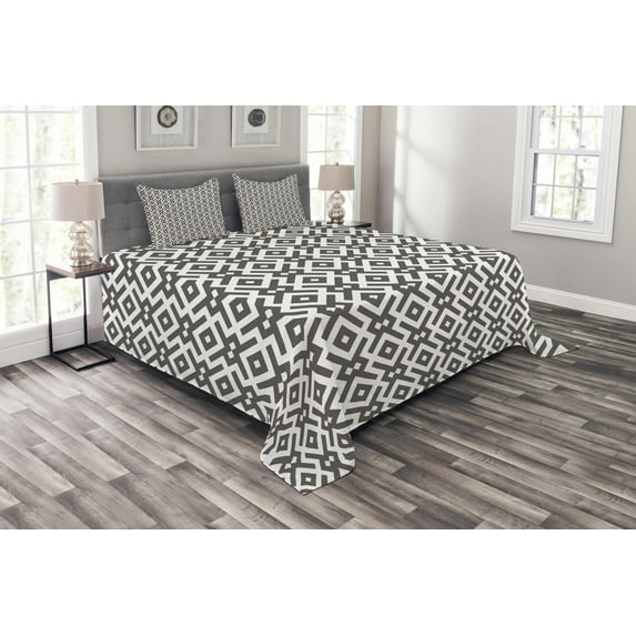 Ambesonne Modern Quilted Bedspread Set 3 Pcs, Geometric Lines, Queen Size, Dark Taupe and White