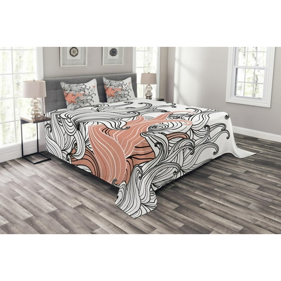 Ambesonne Modern Quilted Bedspread Set 3 Pcs, Graphic Swirls Wave Bird, Queen Size, Coral Black and White