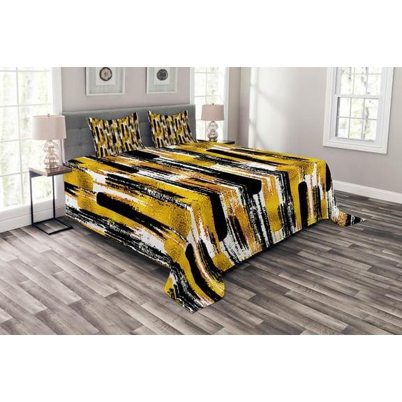 Ambesonne Modern Quilted Bedspread Set 3 Pcs, Grunge Art Brushstrokes, King Size, Earth Yellow Black