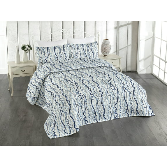 Ambesonne Modern Quilted Bedspread Set 3 Pcs, Grunge Curvy Stripes Zigzags, Twin, Dark Sky Blue and Sky Blue