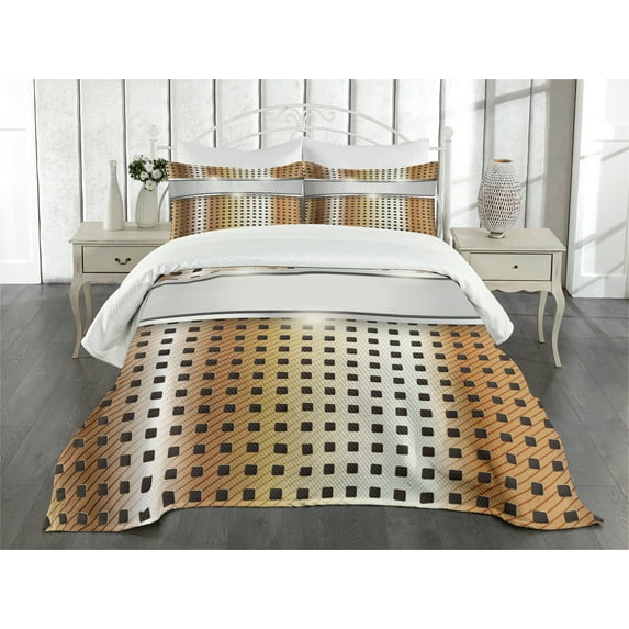 Ambesonne Modern Quilted Bedspread Set 3 Pcs, High Tech Theme Image, King Size, Grey Yellow Pale Orange