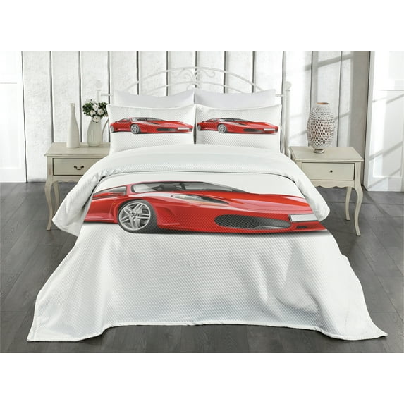 Ambesonne Modern Quilted Bedspread Set 3 Pcs, Italian Car Illustration, Queen Size, Charcoal Grey and Red