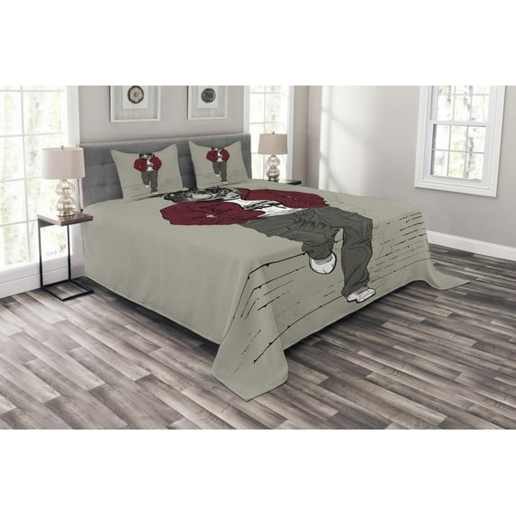 Ambesonne Modern Quilted Bedspread Set 3 Pcs, Lion Tiger Head Teenager, Queen Size, Ruby Sage Green Black