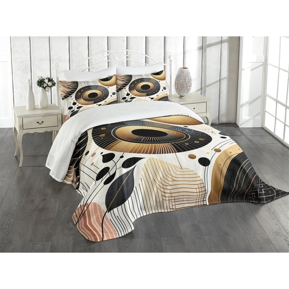 Ambesonne Modern Quilted Bedspread Set 3 Pcs, Mid Century Art Rounds Space, Queen Size, Pale Coffee Dark Grey