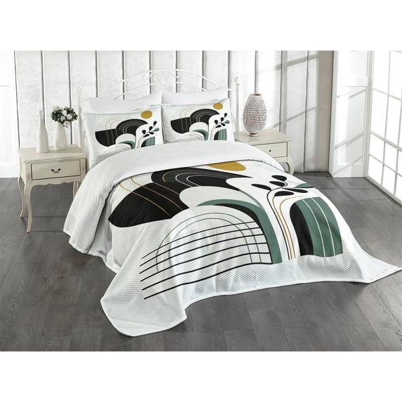Ambesonne Modern Quilted Bedspread Set 3 Pcs, Mid Century Boho Leafy Sun, Queen Size, Jade Green Dark Grey Fawn