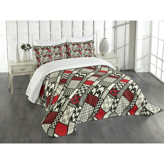 Ambesonne Modern Quilted Bedspread Set 3 Pcs, Minimalist Design, King Size, White Black Red