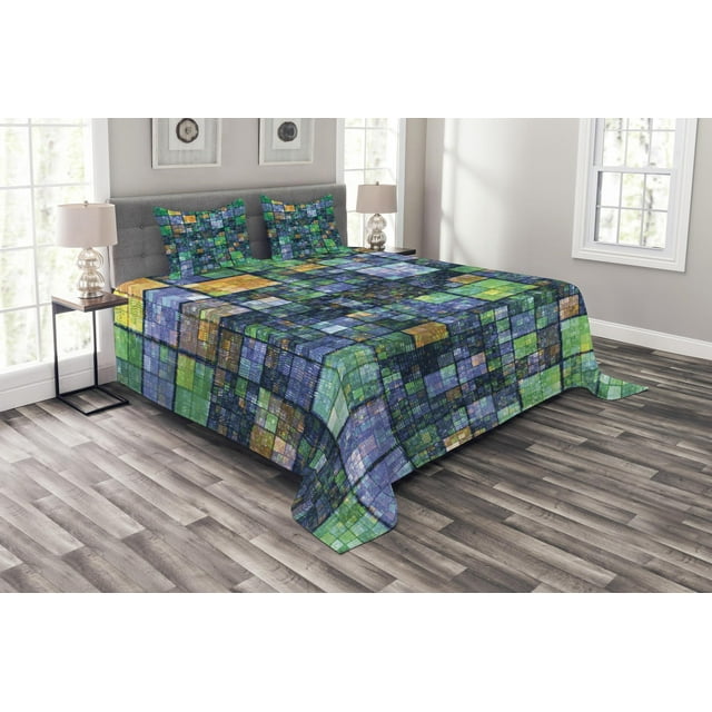 Ambesonne Modern Quilted Bedspread Set 3 Pcs, Mosaic Geometric Design, Queen Size, Blue Yellow and Green