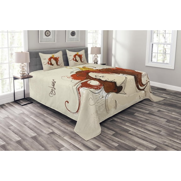 Ambesonne Modern Quilted Bedspread Set 3 Pcs, Muse Woman Grungy Mystic, Queen Size, Beige Dark Orange