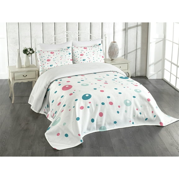 Ambesonne Modern Quilted Bedspread Set 3 Pcs, Pastel Color Polka Dots, King Size, Blue Pink Grey