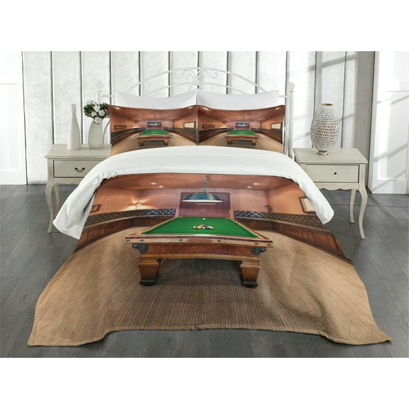 Ambesonne Modern Quilted Bedspread Set 3 Pcs, Pool Table Billiard, King Size, Cinnamon Brown Green
