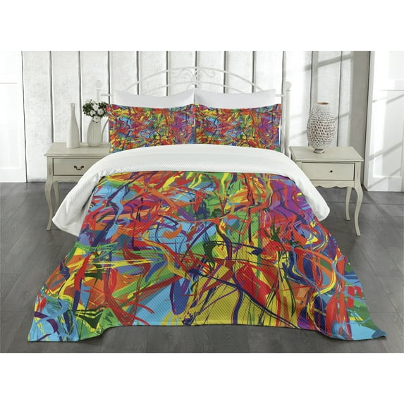 Ambesonne Modern Quilted Bedspread Set 3 Pcs, Rainbow Circled Pattern, King Size, Multicolor