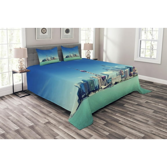 Ambesonne Modern Quilted Bedspread Set 3 Pcs, Shanghai Scenery, King Size, Mint Green Blue Grey