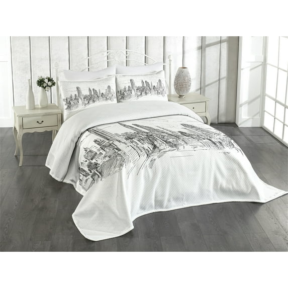 Ambesonne Modern Quilted Bedspread Set 3 Pcs, Sketchy NYC Cityscape, King Size, Grey White