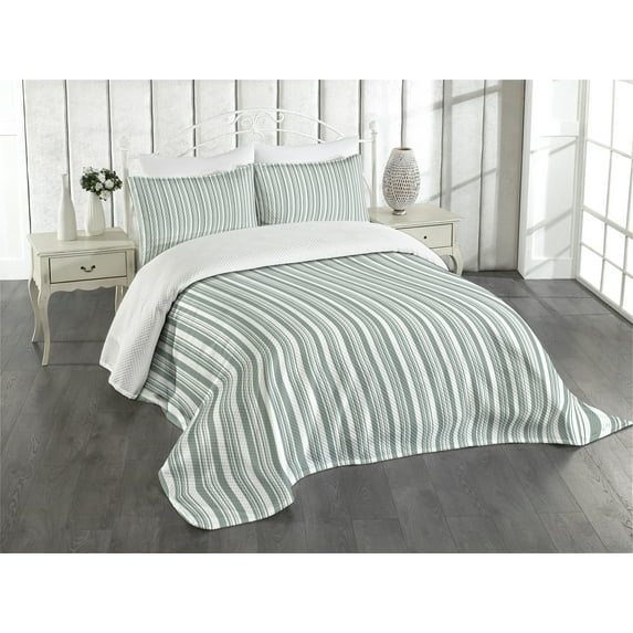Ambesonne Modern Quilted Bedspread Set 3 Pcs, Thin and Bold Stipes, King Size, Pale Sage Green White