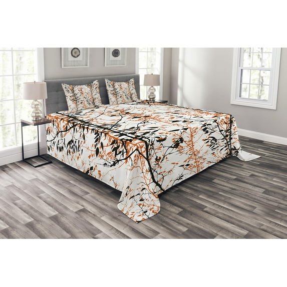 Ambesonne Modern Quilted Bedspread Set 3 Pcs, Tree Silhouettes Art, King Size, Orange White Black
