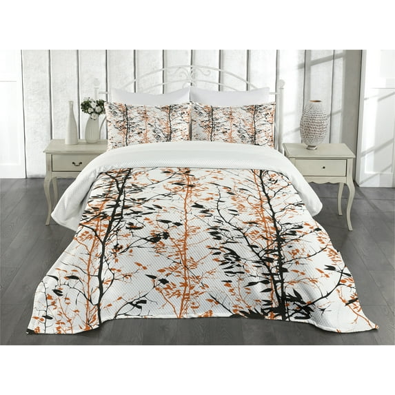 Ambesonne Modern Quilted Bedspread Set 3 Pcs, Tree Silhouettes Art, Queen Size, Orange White Black