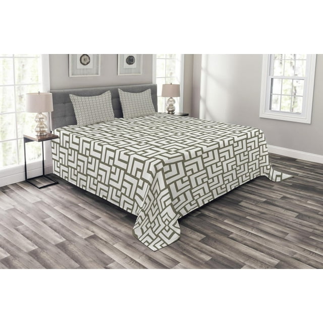 Ambesonne Modern Quilted Bedspread Set 3 Pcs, Vintage Maze Lines, King Size, Sage Green and White