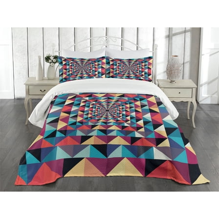 Ambesonne Modern Quilted Bedspread Set 3 Pcs, Visual Patchwork Retro, King Size, Multicolor