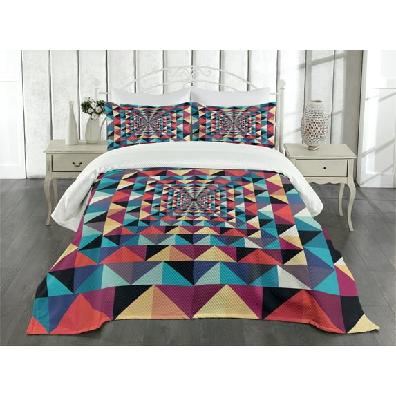 Ambesonne Modern Quilted Bedspread Set 3 Pcs, Visual Patchwork Retro, Queen Size, Multicolor