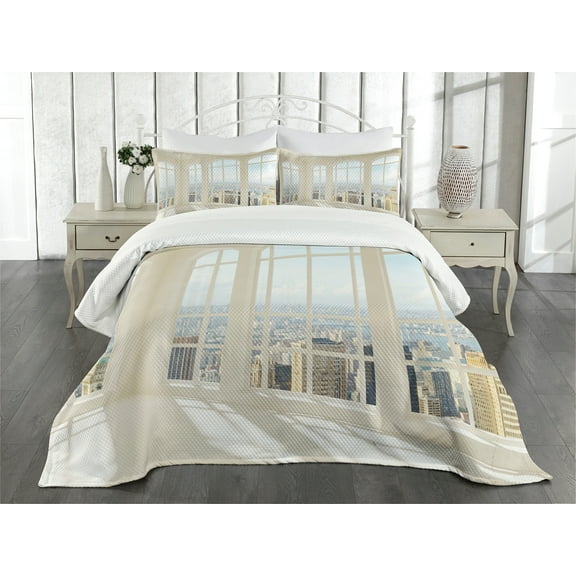 Ambesonne Modern Quilted Bedspread Set 3 Pcs, White Flat Modern, Queen Size, Pale Blue White