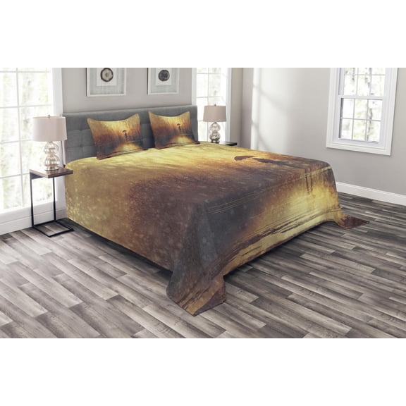 Ambesonne Modern Quilted Bedspread Set 3 Pcs, Woman Under the Rain, Queen Size, Pale Caramel Yellow