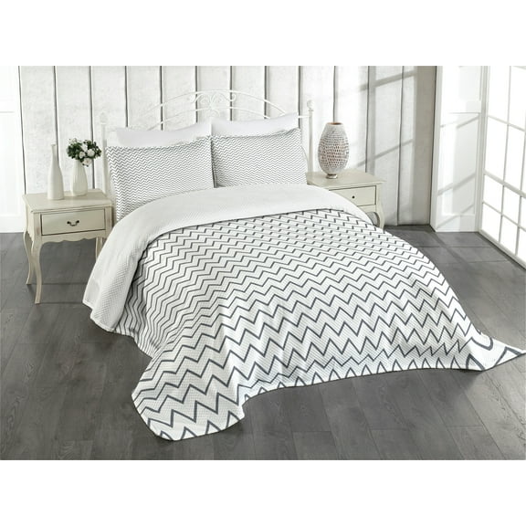 Ambesonne Modern Quilted Bedspread Set 3 Pcs, Zig Zag Chevron Waves, Queen Size, Grey White