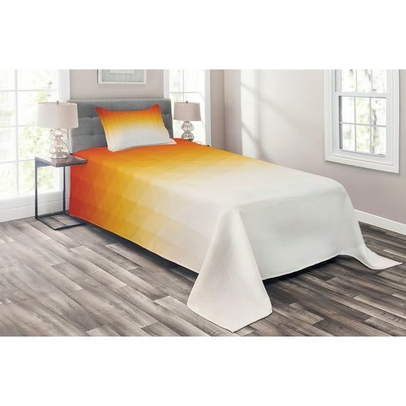 Ambesonne Modern Quilted Coverlet 2 Pcs, Digital Retro Triangle, Twin Size, Orange Yellow Cream