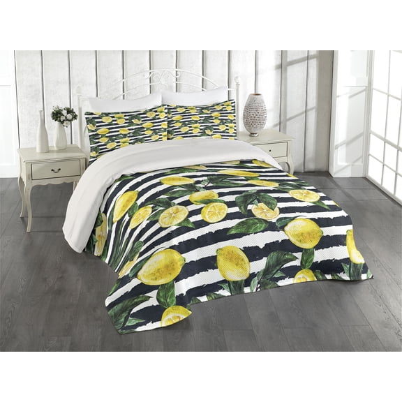 Ambesonne Modern Quilted Coverlet 2 Pcs, Fresh Lemons Striped, Twin Size, Hunter Green Indigo
