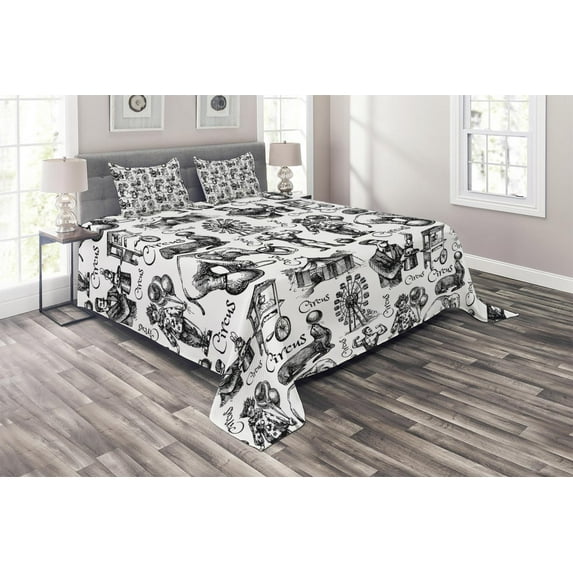 Ambesonne Modern Quilted Coverlet 3 Pcs, Circus Magician Theme, King Size, Black and White
