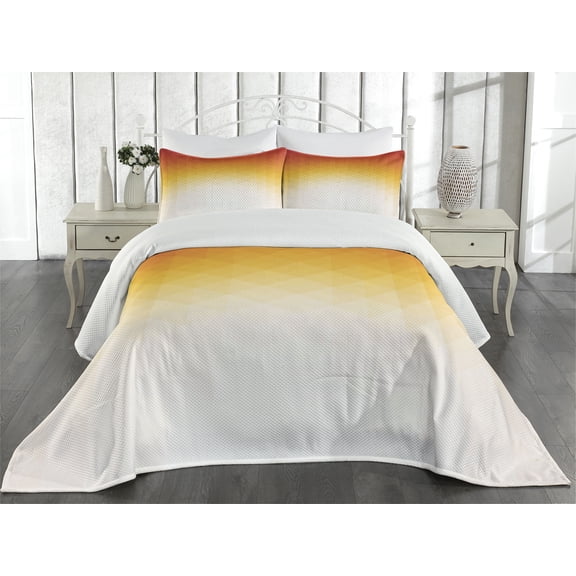 Ambesonne Modern Quilted Coverlet 3 Pcs, Digital Retro Triangle, Queen Size, Orange Yellow Cream